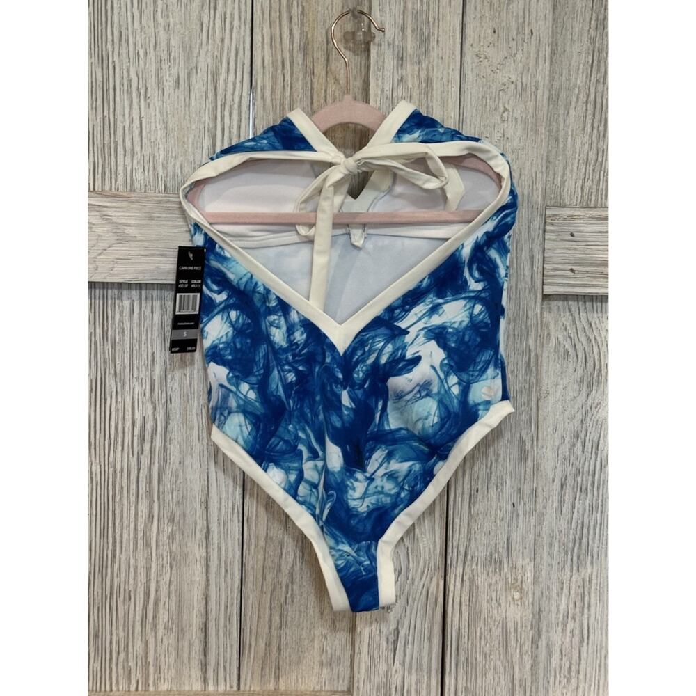 Sole East Swim One Piece Halter Neck Back Tie Swimsuit Blue White Swirl Size S - Picture 2 of 9